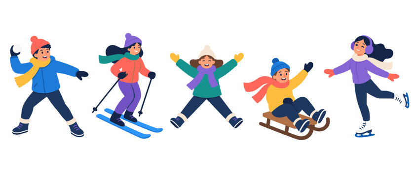 Kids playing in winter snow illustration
