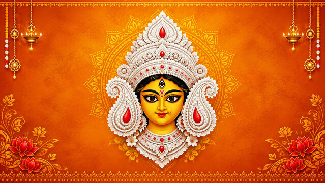 Centered goddess durga face with white jewelry on orange background for puja card.