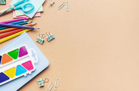 School supplies and stationery items creating a creative learning flat lay