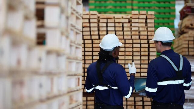 Rear view of two engineers counting a lumber stack, a Black inspector moving his hand along the rows while his colleague logs it on a laptop, authentic 4K footage