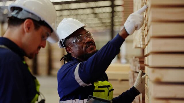 Black quality inspector in a white hard hat points to board ends in a lumber stack while a Latino colleague follows his explanation, 4K video in a timber warehouse