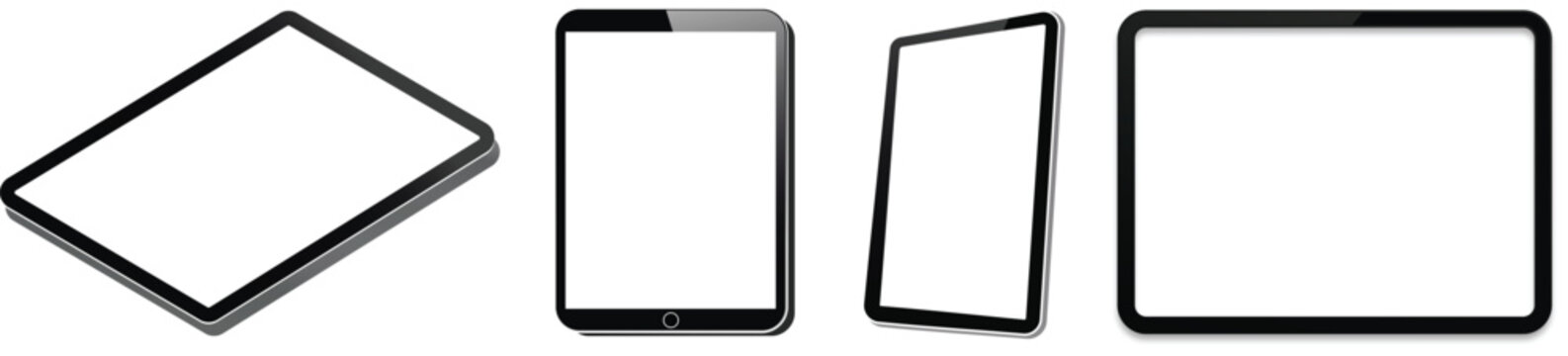 Set of modern tablet computers in different positions and angles with white screen isolated on white background