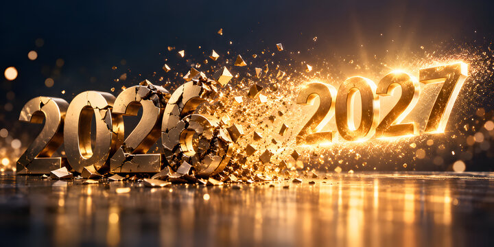 2027 emerging from exploding golden 2026 numbers, symbolizing New Year transformation, fresh beginnings and future success in a dramatic cinematic advertising scene.