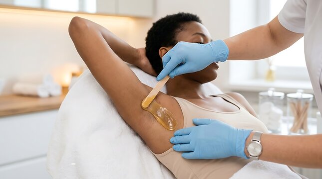 Waxing treatment for underarm hair removal on woman in beauty spa