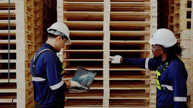 Black supervisor points at a stack of new wooden pallets while a Latino engineer holding a laptop checks the order and smiles inside a timber and pallet warehouse