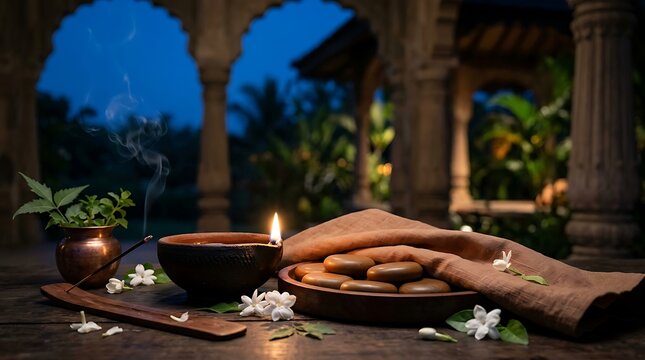Relaxing spa scene with aromatherapy oil lamp and warm stone massage