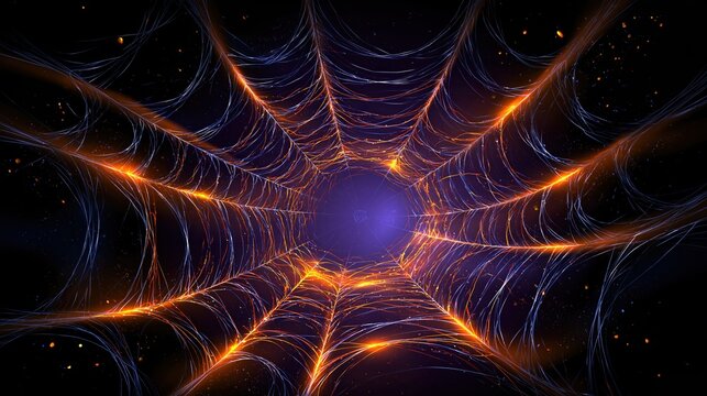 Abstract glowing spider web tunnel with orange and blue light