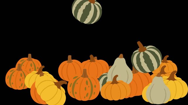 Cartoon pumpkins falling and piling up on the ground