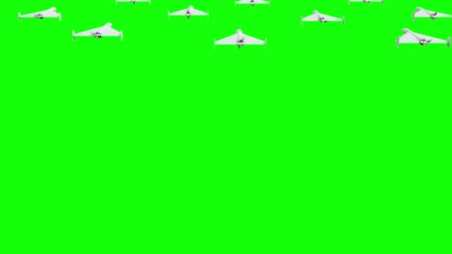 3d rendered animation of flying military drones on green screen