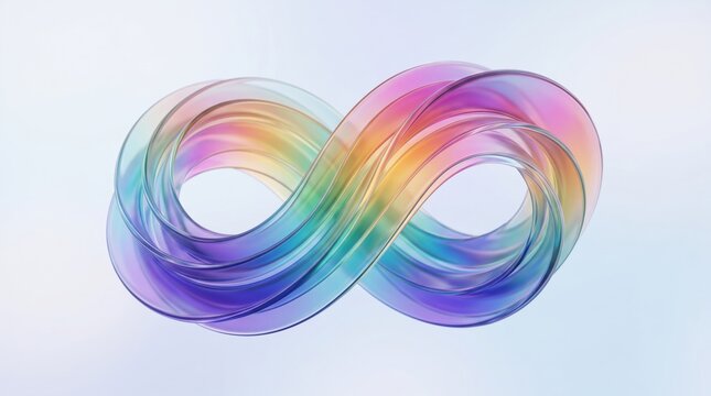 Translucent rainbow infinity loop forming a glossy abstract symbol on white