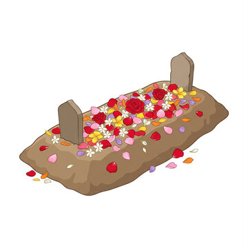 Traditional Indonesian Muslim Grave (Makam Islam) with Colorful Flower Petals and Gravestones Isolated on White Background