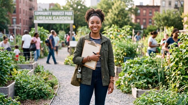 Young African American environmentalist holding clipboard with recyclable paper in urban park
