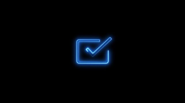 Glowing neon checkbox symbol with deep blue light effect on dark background