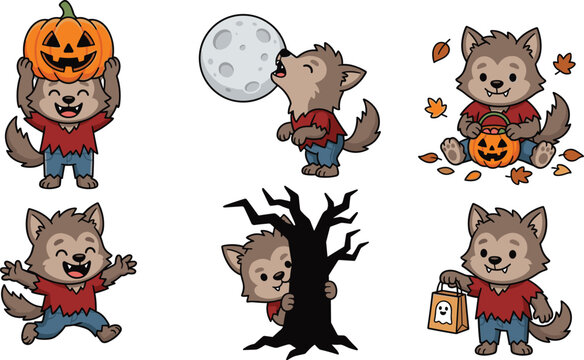 Cute Halloween Werewolf Character Collection with Pumpkin, Full Moon, Autumn Leaves, Haunted Tree, Trick or Treat Bag, and Spooky Costumes