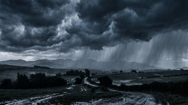 Dark clouds loom low over open fields. Rain streaks down, hitting earth and grass. Winding path leads through wet, muddy terrain. Distant hills fade beneath a stormy sky