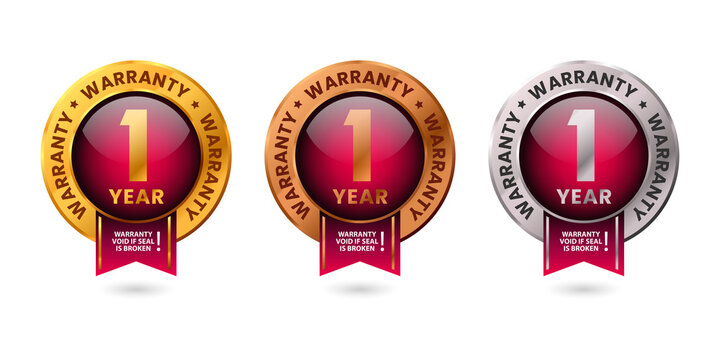 Three one year warranty seal badges isolated on a transparent background