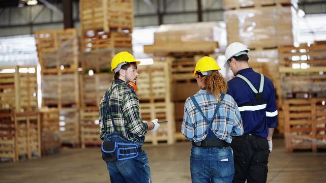 Rear view of three workers in hard hats walking side by side into a warehouse full of stacked wooden crates and pallets, real time 4K footage of timber industry work