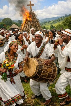 Ethiopian traditional Meskel festival celebration with cultural dance music and Demera bonfire