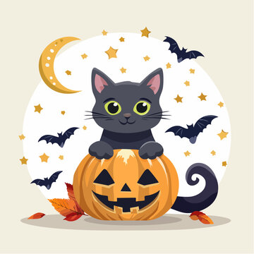 Cute black cat peeking out of a glowing Halloween jack-o'-lantern with a crescent moon and bats