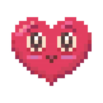 Pink pixel heart with big eyes and blush, retro 8 bit love mascot