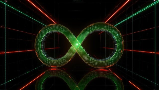 Bright infinity symbol glows within dark tunnel. Lines converge toward vanishing point, creating depth. Reflection mirrors image below.