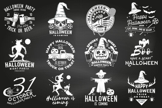 Vintage Halloween Party Typography and Badge Design Collection, Spooky Halloween Night, Trick or Treat, Retro Horror Festival and Costume Party Graphics