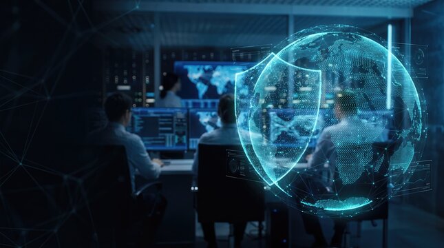 Futuristic cybersecurity operation center with digital shield, IT specialists monitoring global network security, blue tech data control room