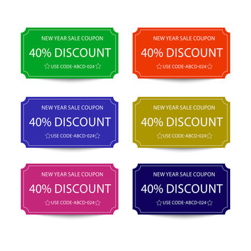 Six colorful new year sale coupons isolated on a transparent background