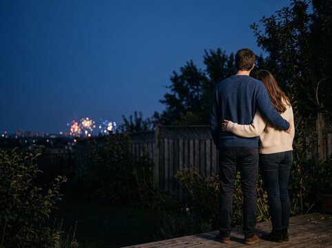 A loving couple watches a spectacular fireworks display illuminate the distant city skyline, sharing a magical and memorable evening filled with romance and celebration