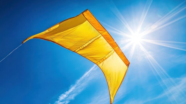 Yellow kite soaring high in a bright blue sky