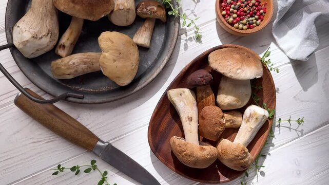 Fresh porcini mushrooms still life on table