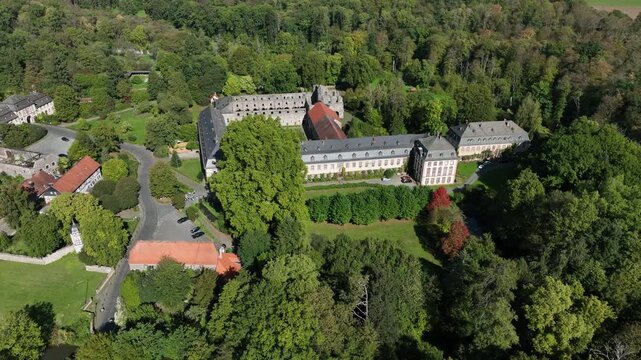 Aerial view, Arnsburg Abbey near Lich, Arnsburg, Hesse, Germany