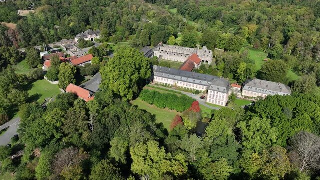 Aerial view, Arnsburg Abbey near Lich, Arnsburg, Hesse, Germany