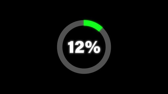 Circular Loading Progress Bar Animation 0 to 12 Percent on black background. Circle Loading icon animation. Loading progress bar loading animation. Progress Bar Animation.