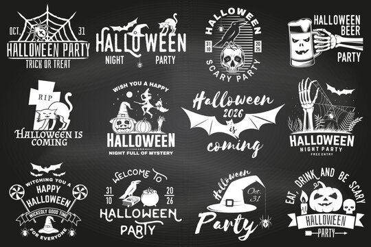 Spooky Halloween Party Graphic Collection with Witch, Skull, Ghost, Pumpkin, Bat and Skeleton Designs, Vintage Horror Typography and Trick or Treat Illustrations