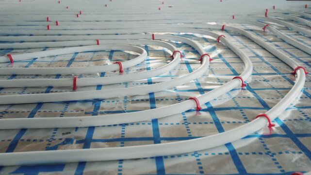 Close-up motion of underfloor heating system installation with white pipes fixed on blue grid insulation layer.