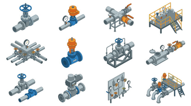 Sleek Collection of Industrial Valves and Pipeline Assemblies with Gauges in Blue Gray and Orange