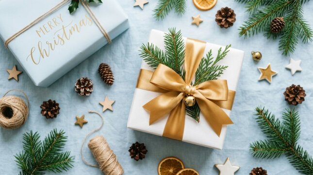 Beautifully wrapped christmas gift boxes with golden ribbons and pine branches on a light blue wooden background