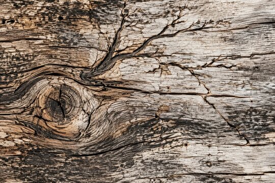 Close-up of weathered vintage wood texture with natural branch grain for rustic interiors, woodworking projects, farmhouse decor, and organic background design