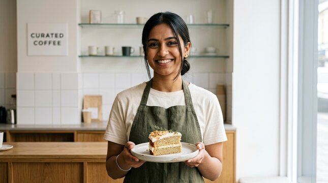 Smiling Young South Asian Barista Holding a Plate with a Slice of Delicious Layer Cake in a Modern Coffee Shop
