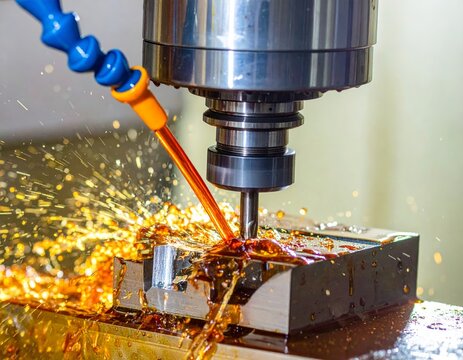 Cnc machine milling metal workpiece with coolant