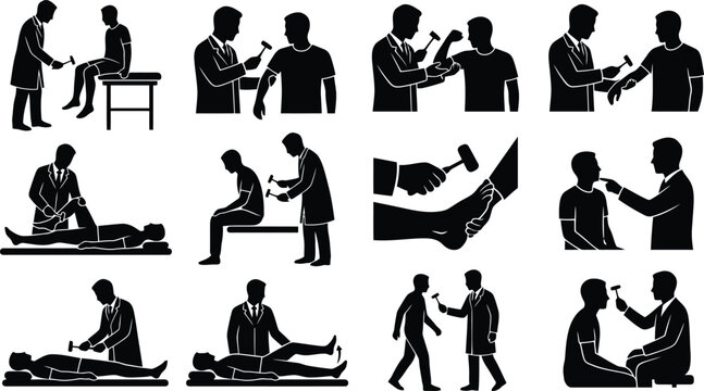 Set of black silhouettes showing a doctor performing neurological reflex tests with a hammer on a patient on a white background
