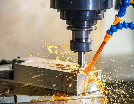 CNC milling machine cutting a metal workpiece with coolant