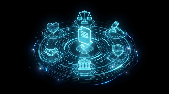 Holographic legal and ethical symbols on a dark background.