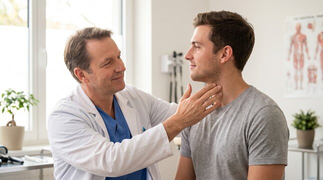 A professional doctor performing a physical neck examination on a male patient during a clinical consultation in a modern medical office.