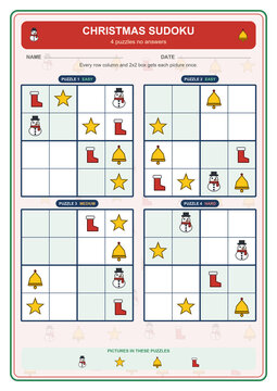 Christmas Picture Sudoku Test Sheet Four Puzzles for Teachers