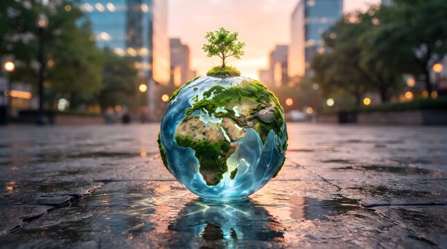 Glass earth globe with green tree atop in city street scene.