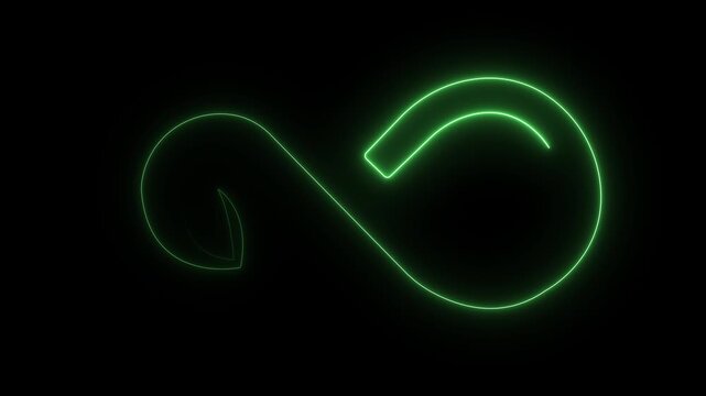 Neon green infinity symbol with a sprouting plant inside on a black background
