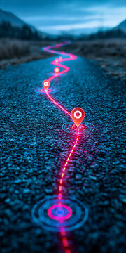 a Glowing path with checkpoints showing a concept for business roadmap and customer journey