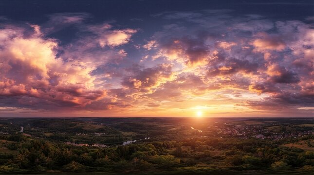 Sunset bathes wide valley in warm, golden glow. Clouds blush purple and orange, drifting above. Distant town sprawls below, silhouetted in soft light. Trees stretch toward sky